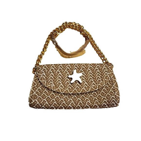 Unbranded Handbags - Unbranded Womens Woven Paper Straw Clutch Gold Chain Removable Strap w/Star Logo